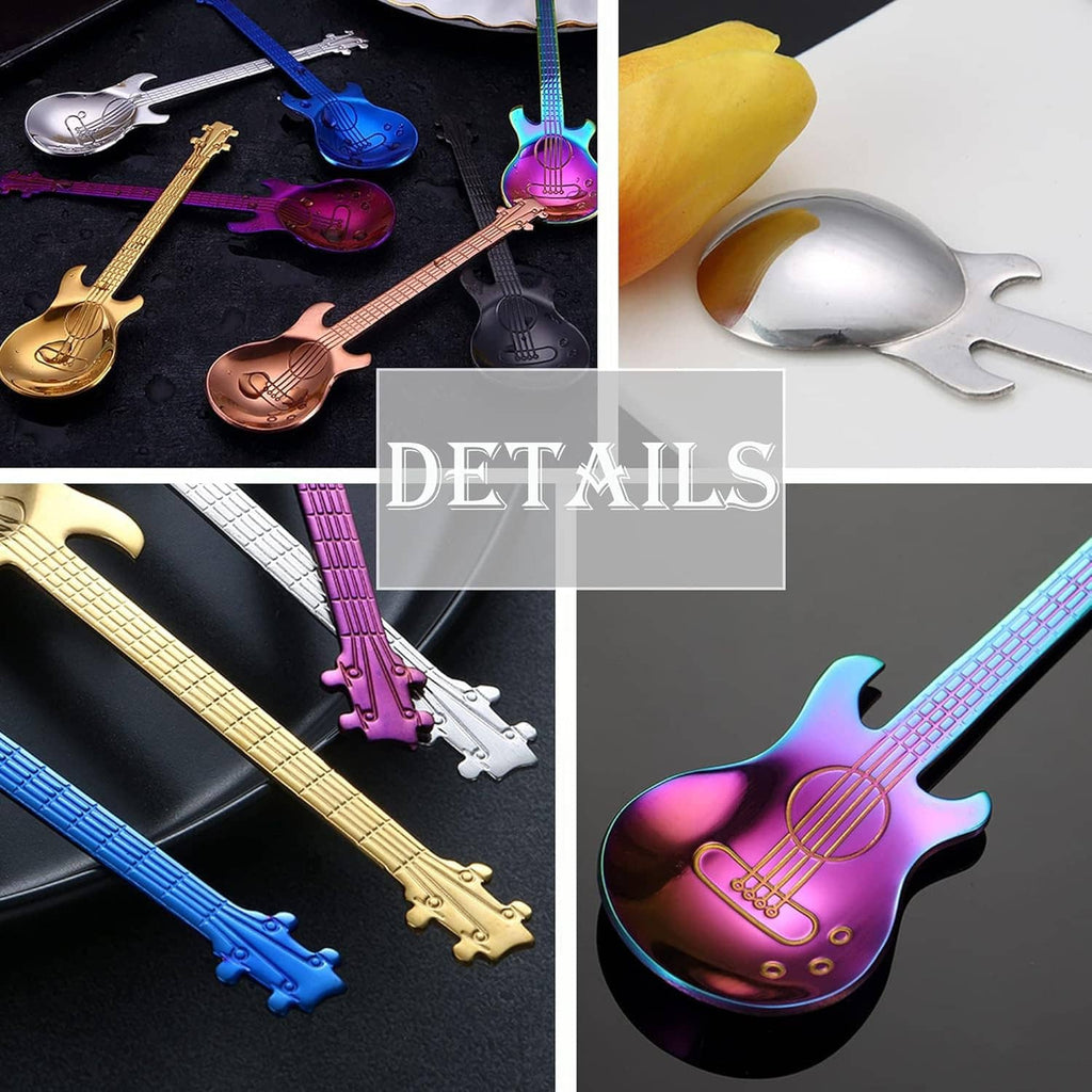 Colorful guitar-shaped spoons and silver bottle opener on a dark background