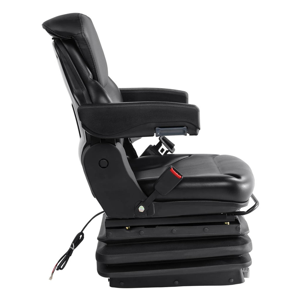 Adjustable black forklift tractor seat with padded backrest, armrests, and seatbelt