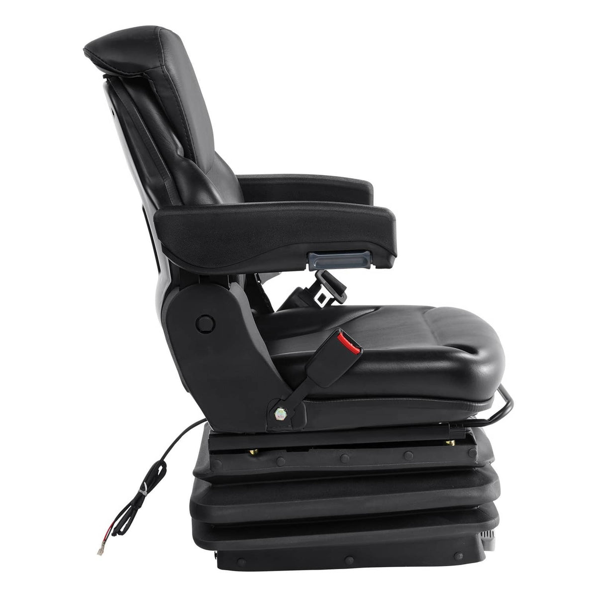 Adjustable black forklift tractor seat with padded backrest, armrests, and seatbelt