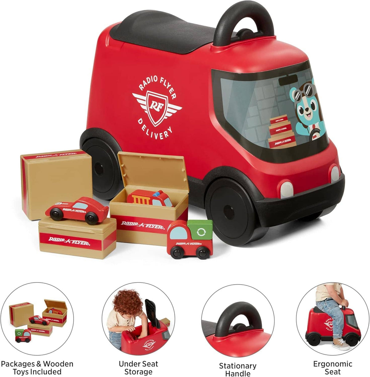 Red ride-on delivery truck toy with clear window and open cargo area; boxed accessories