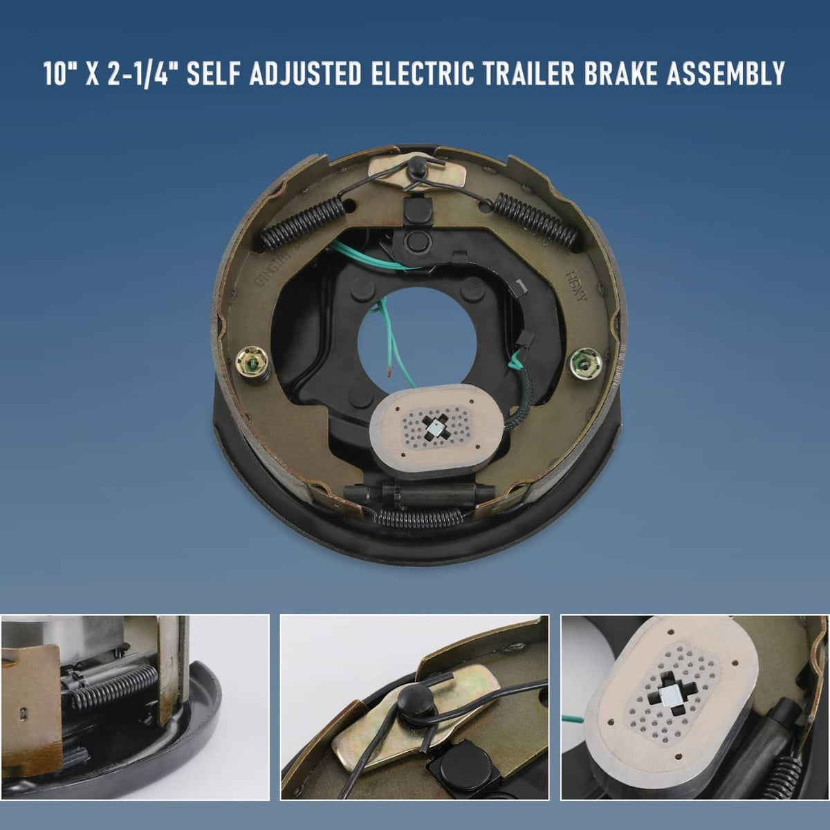 Electric trailer brake assembly, self-adjusting backing plate with magnet and coil springs