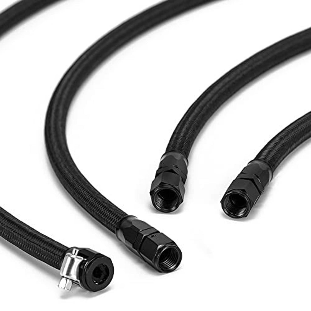 Close-up of black braided hoses with AN threaded connectors and fittings