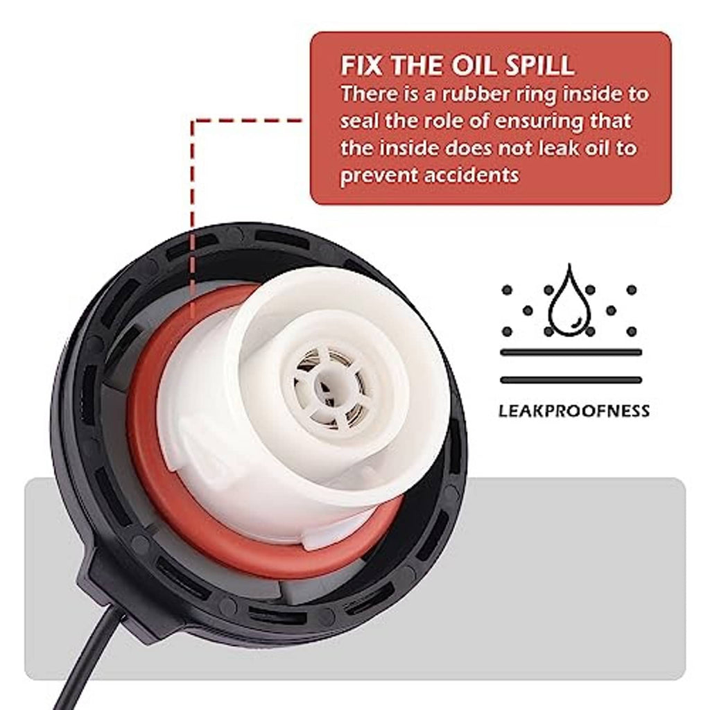 Fuel tank cap close-up: white inner seal and red gasket inside black housing