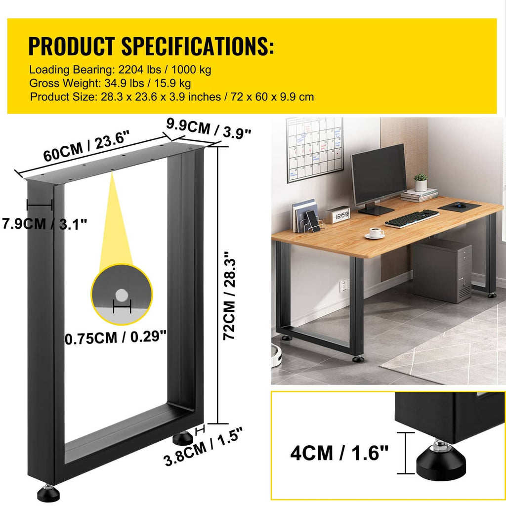 Black metal table legs frame with size dimensions shown, flat base and corner pads
