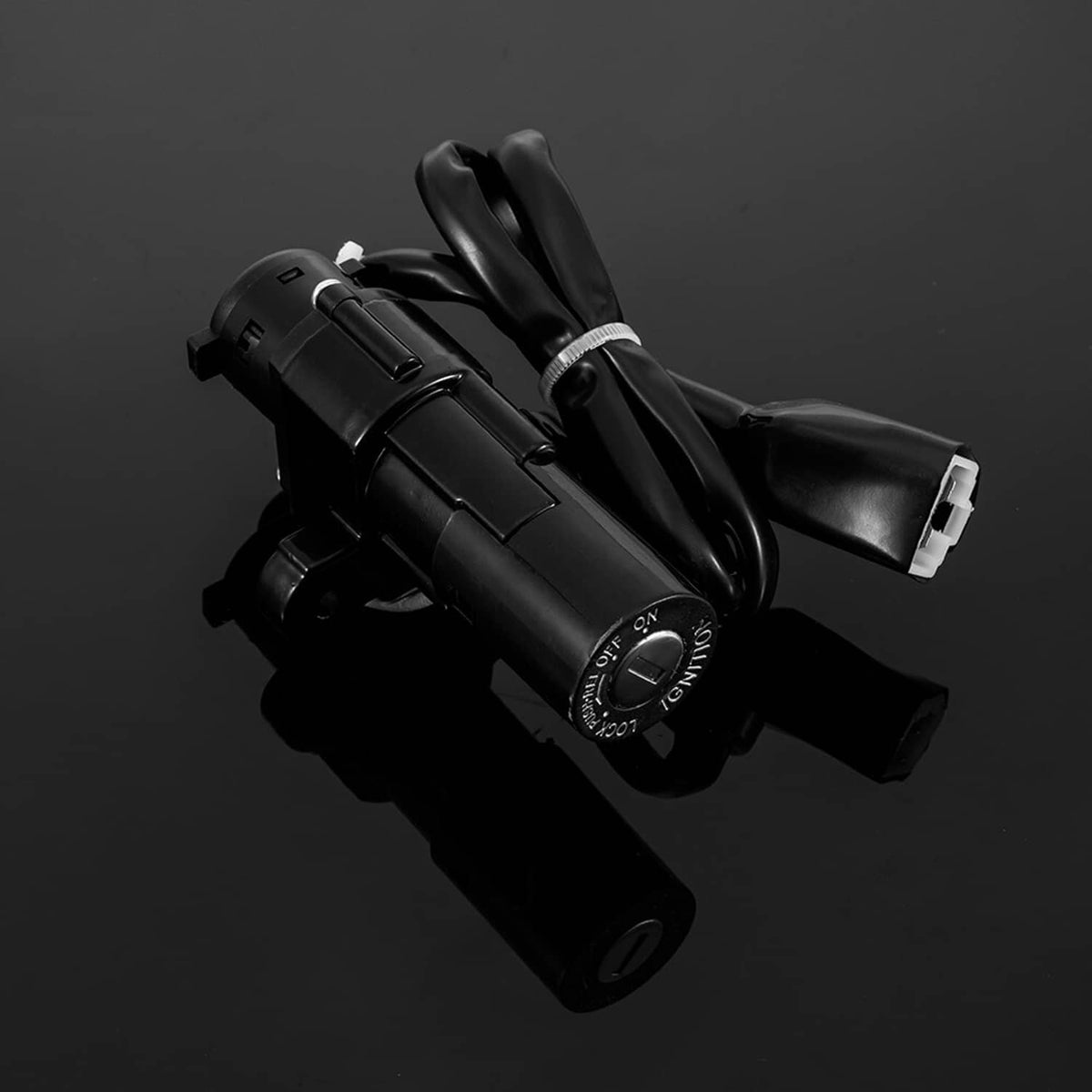 Black ignition switch lock assembly with keys and connector housing