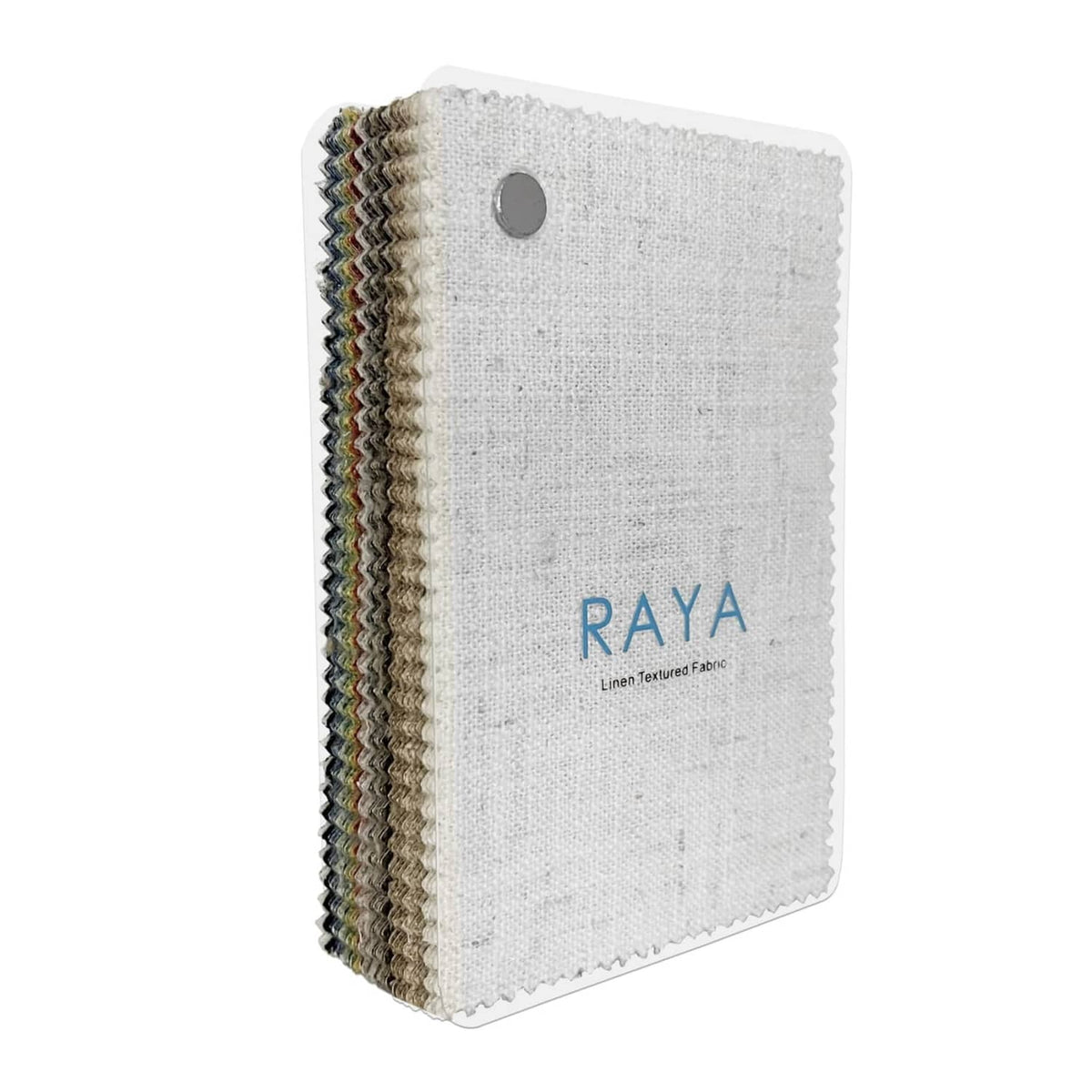 White linen-blend curtain liner swatch set with stacked color edges and RAYA branding