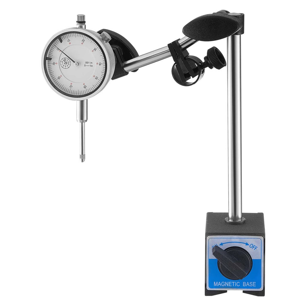 Dial test indicator with dual-rod stand and magnetic base, black mounting bracket