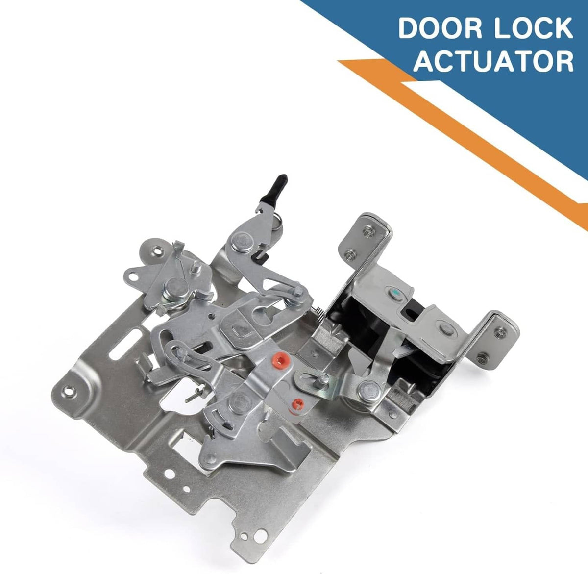 Metal door lock actuator with black lever, brackets, and circular actuator details