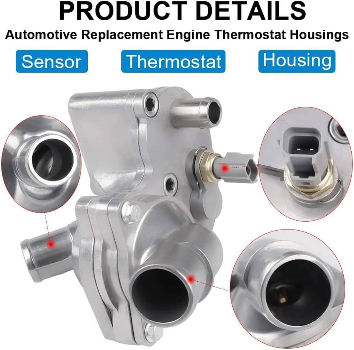 Aluminum thermostat housing detail view with mounting holes, ports, and sensor connection