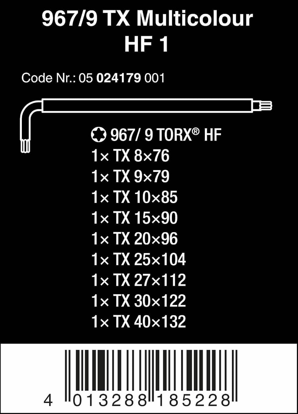 Torx 967/9 HF 1 L-key set size list, code 05 024179001 graphic