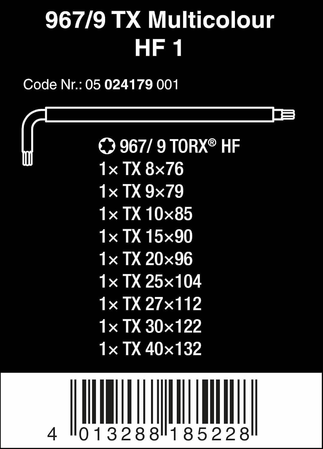 Torx 967/9 HF 1 L-key set size list, code 05 024179001 graphic