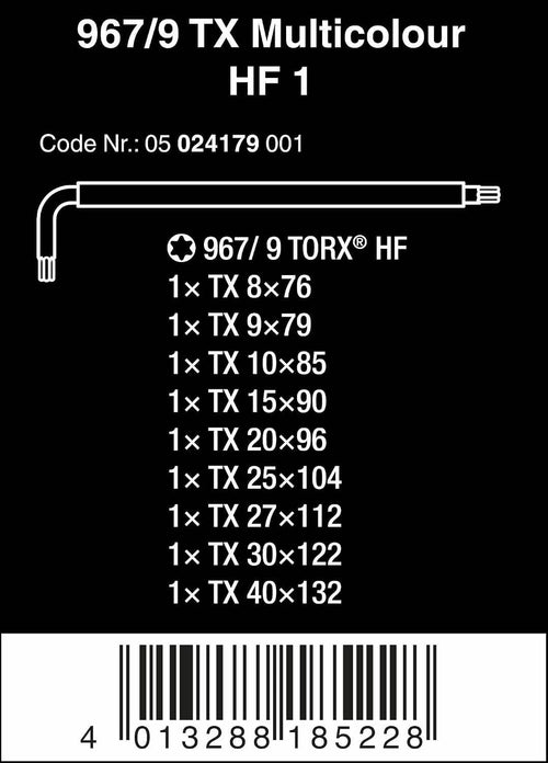 Torx 967/9 HF 1 L-key set size list, code 05 024179001 graphic