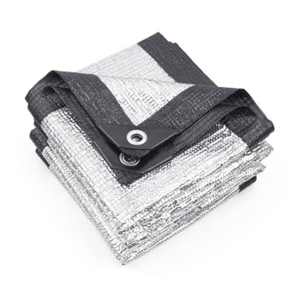 Folded reflective silver shade cloth tarp with dark straps and corner grommet