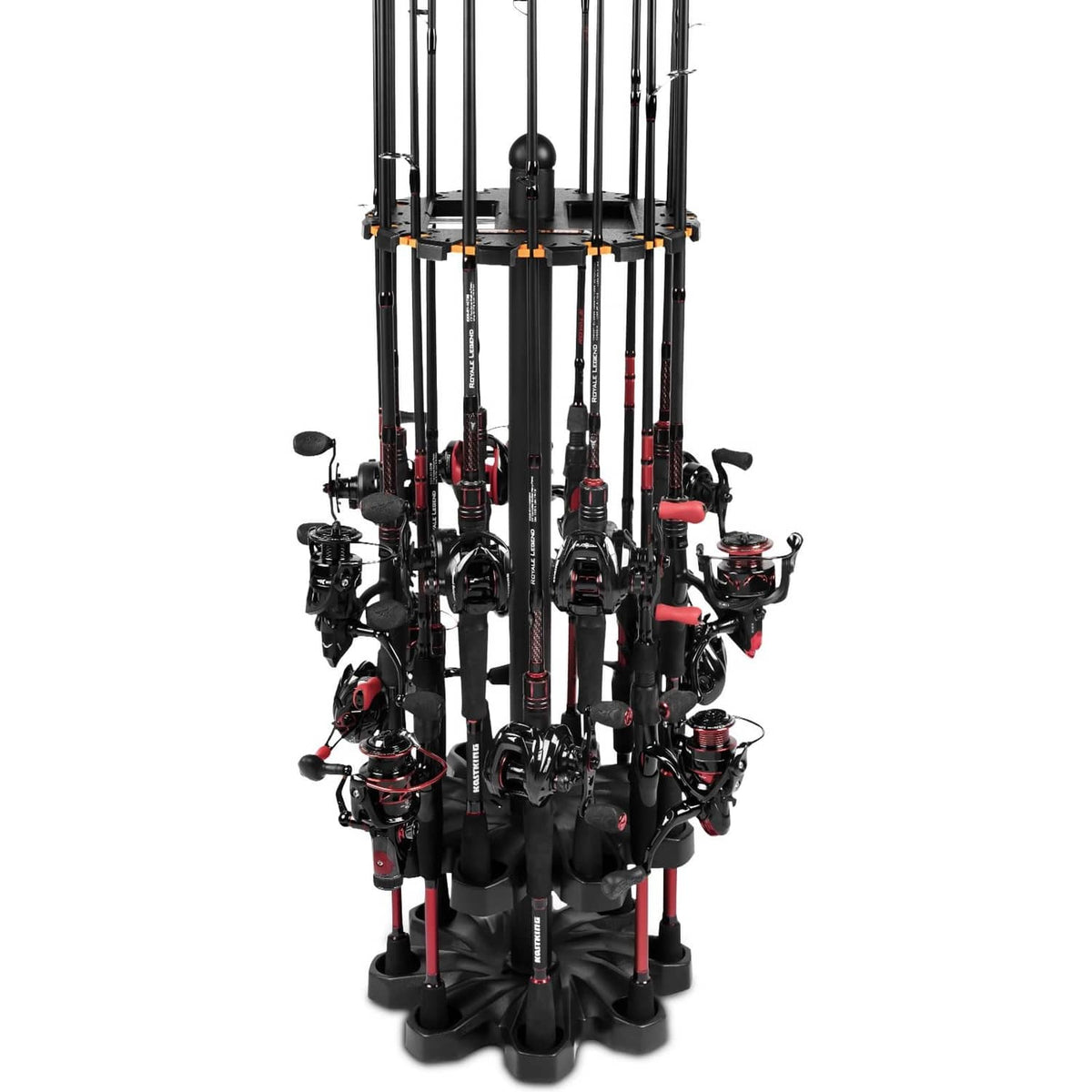 Black non-rotating fishing rod holder stand with many upright rod tube slots