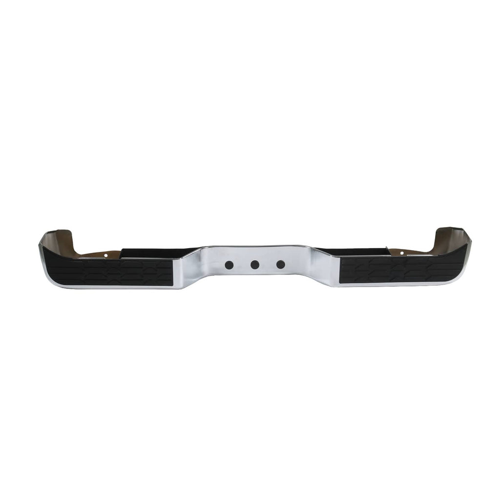 Rear step bumper face bar with chrome center and black textured side pads