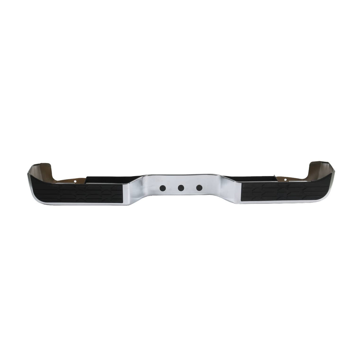 Rear step bumper face bar with chrome center and black textured side pads