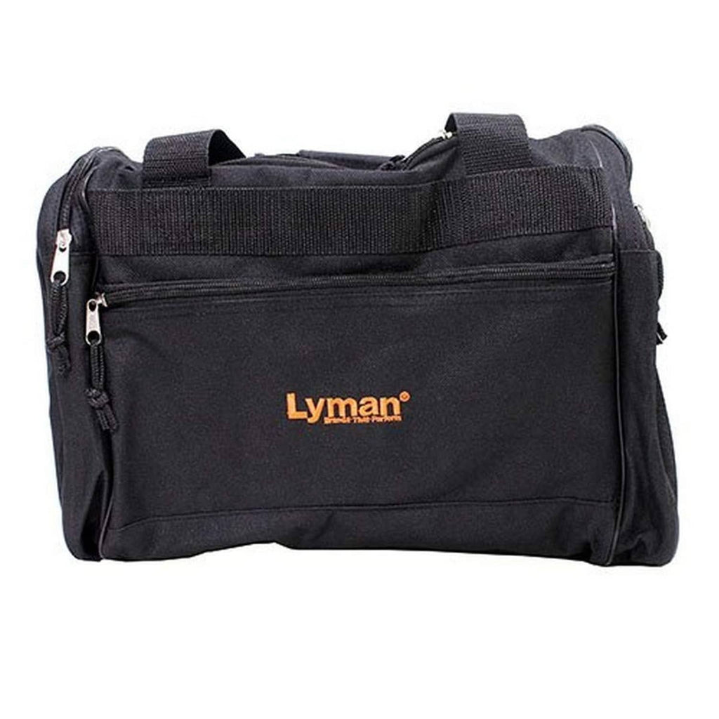 Lyman shooting range gun bag, black fabric with front zip pocket and carry handle straps