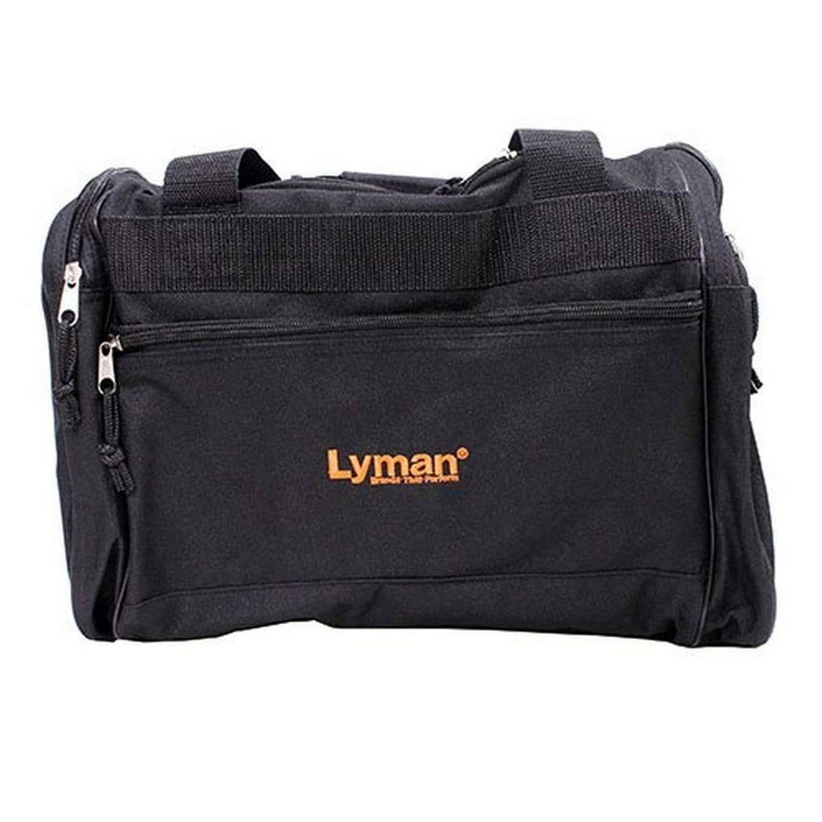 Lyman shooting range gun bag, black fabric with front zip pocket and carry handle straps