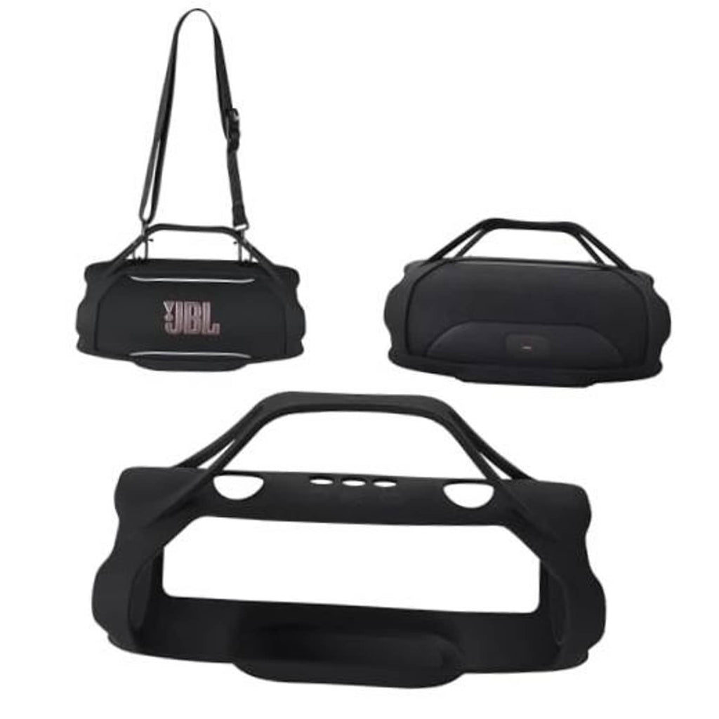 Black silicone speaker cover with carry handle and strap, molded protective shell
