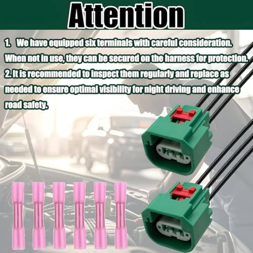 Headlight wiring harness with two green connectors, red latches, and pink terminal pins