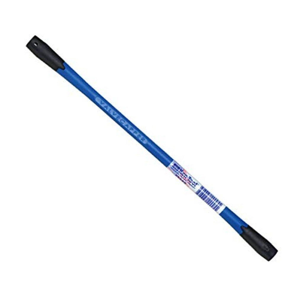 Blue valve cap remover tool with marked grip area and black end cap