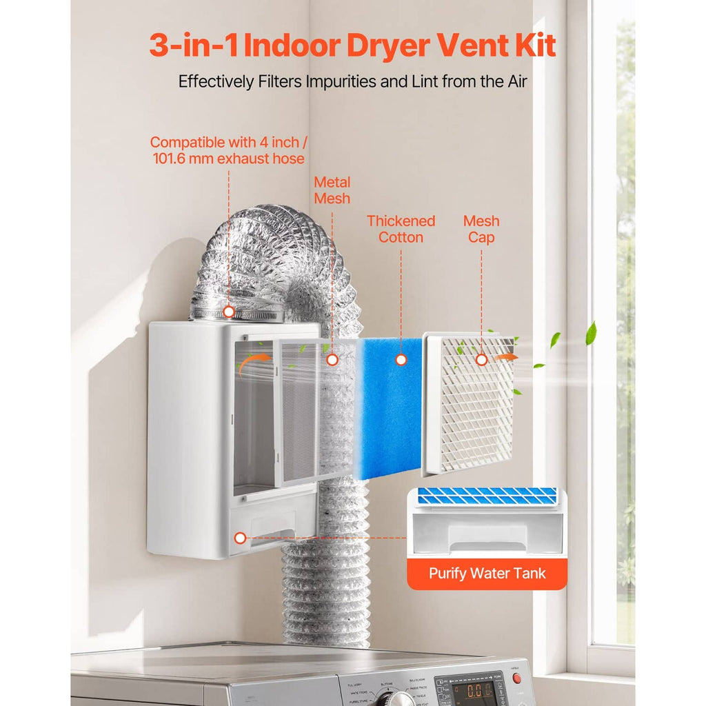 Indoor dryer vent kit with blue mesh filter, water tank drawer, and flexible metal duct