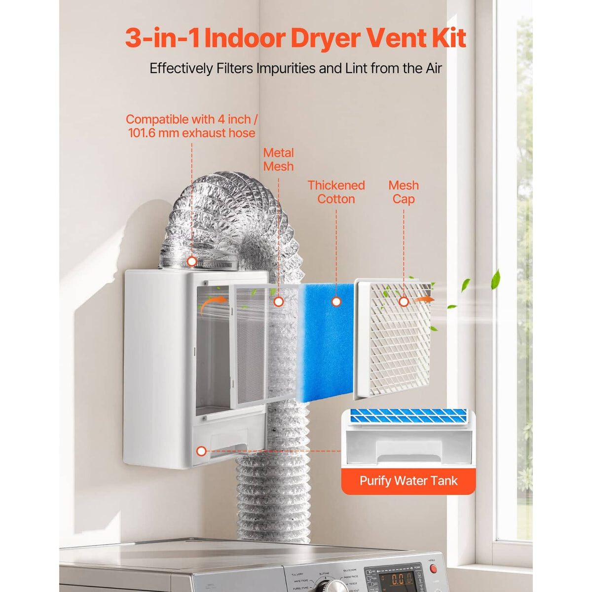 Indoor dryer vent kit with blue mesh filter, water tank drawer, and flexible metal duct