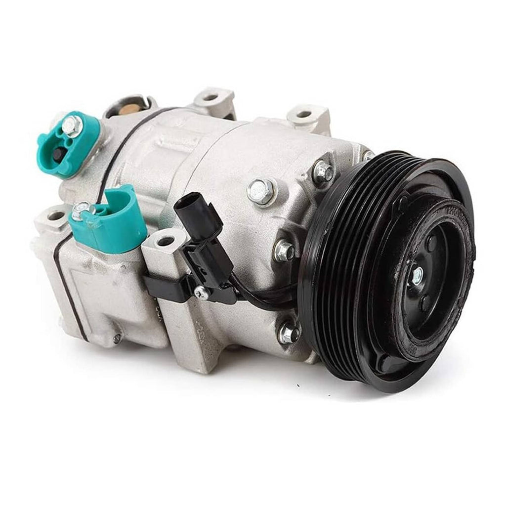 A/C compressor with clutch, silver body with black pulley and teal inlet ports