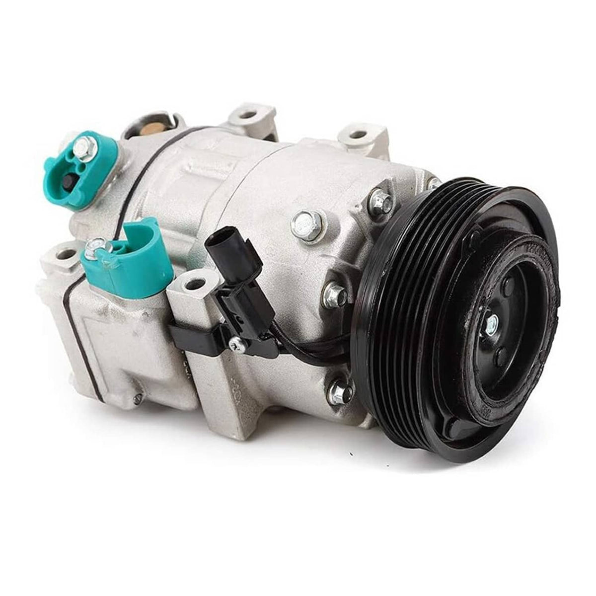 A/C compressor with clutch, silver body with black pulley and teal inlet ports