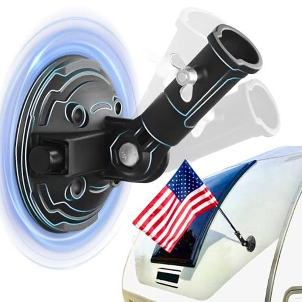 Black suction cup flag mount with adjustable clamp arm for an RV flagpole