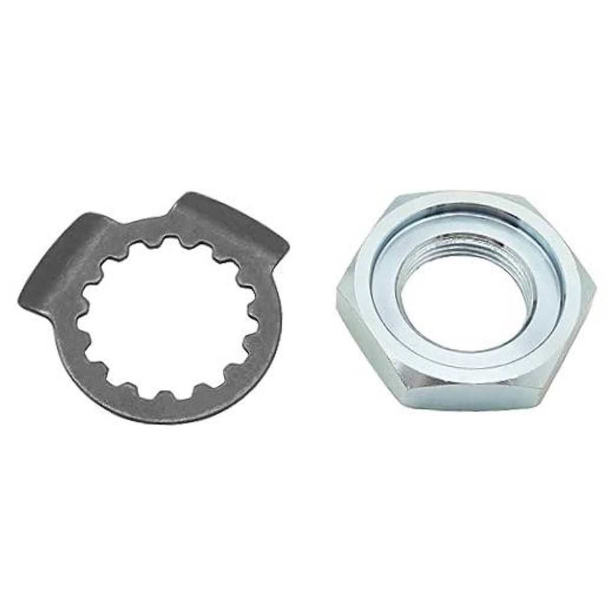 Hex nut and serrated washer set, dark steel and silver plated hardware