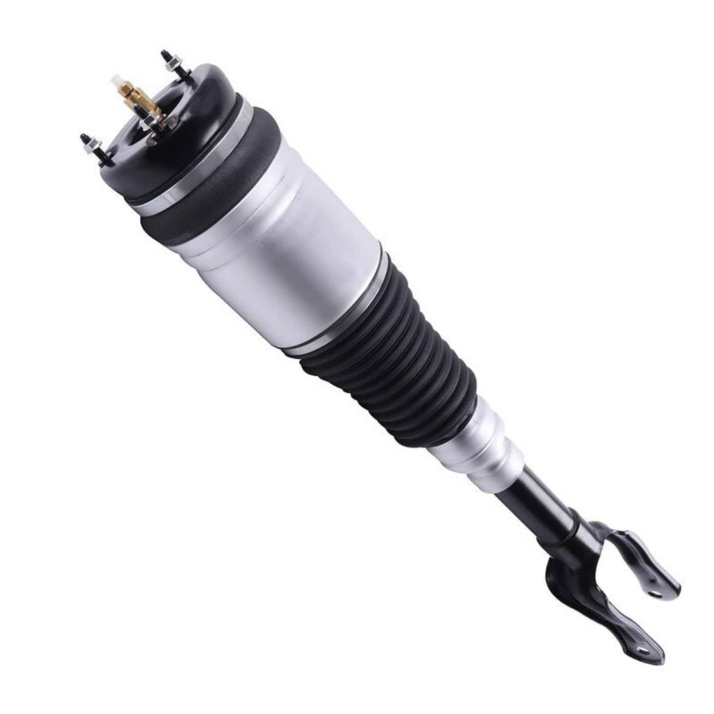 Air suspension strut with silver air spring sleeve and black lower mount fork