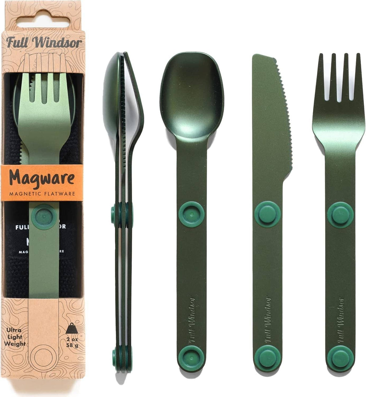Magware magnetic camping cutlery set in green: spoon, fork, knife, and serrated tool