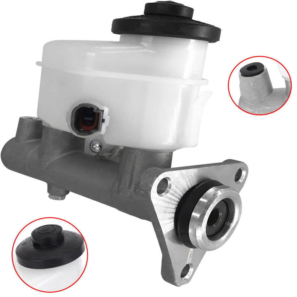Brake master cylinder with white fluid reservoir, side fittings, and mounting flange