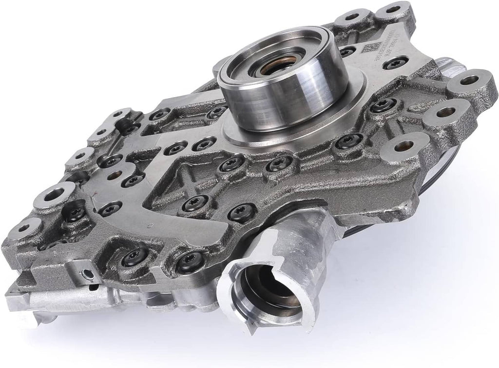 Transmission pump assembly metal housing with flange ports and circular center, angled view