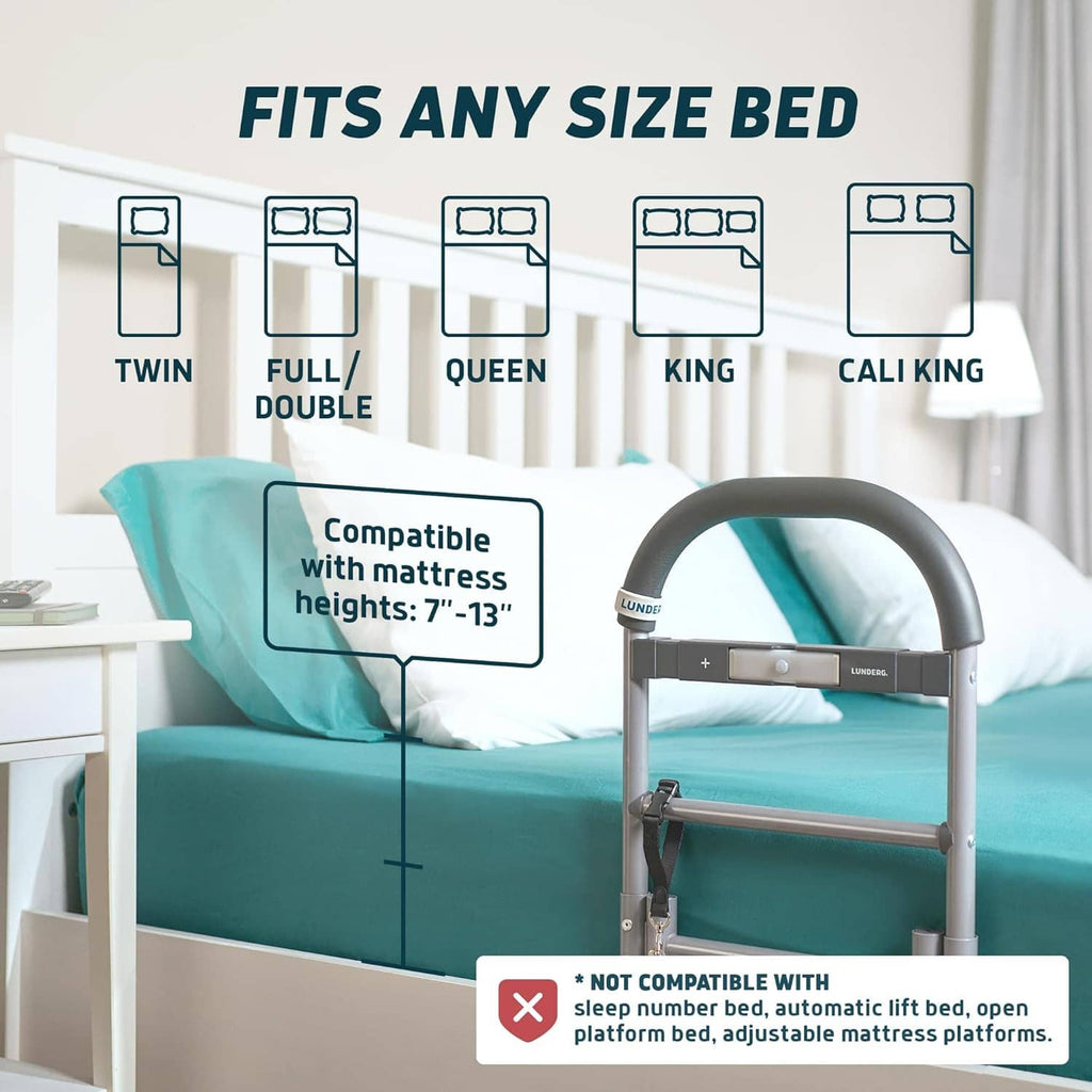 Bed assist rail mounted on bed frame, featuring curved top grab handle