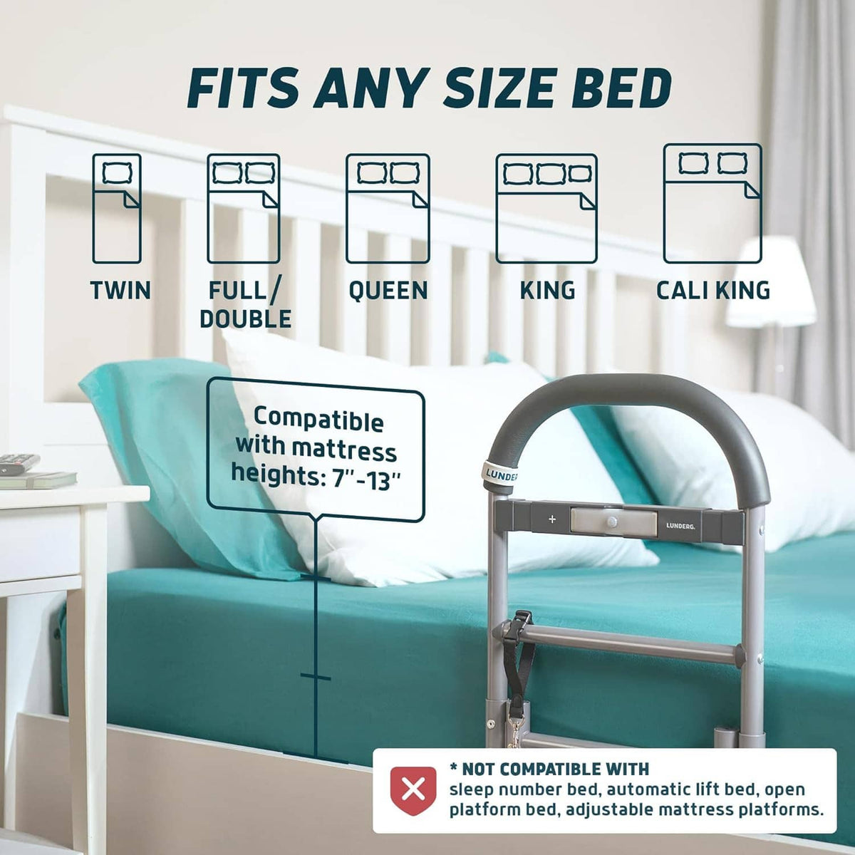 Bed assist rail mounted on bed frame, featuring curved top grab handle