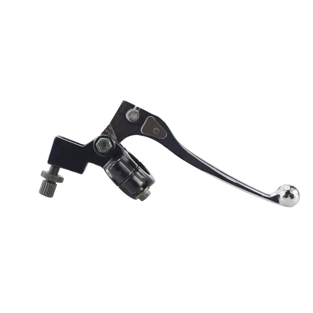 Silver left brake lever with black perch, adjustable pivot and clamp bolt
