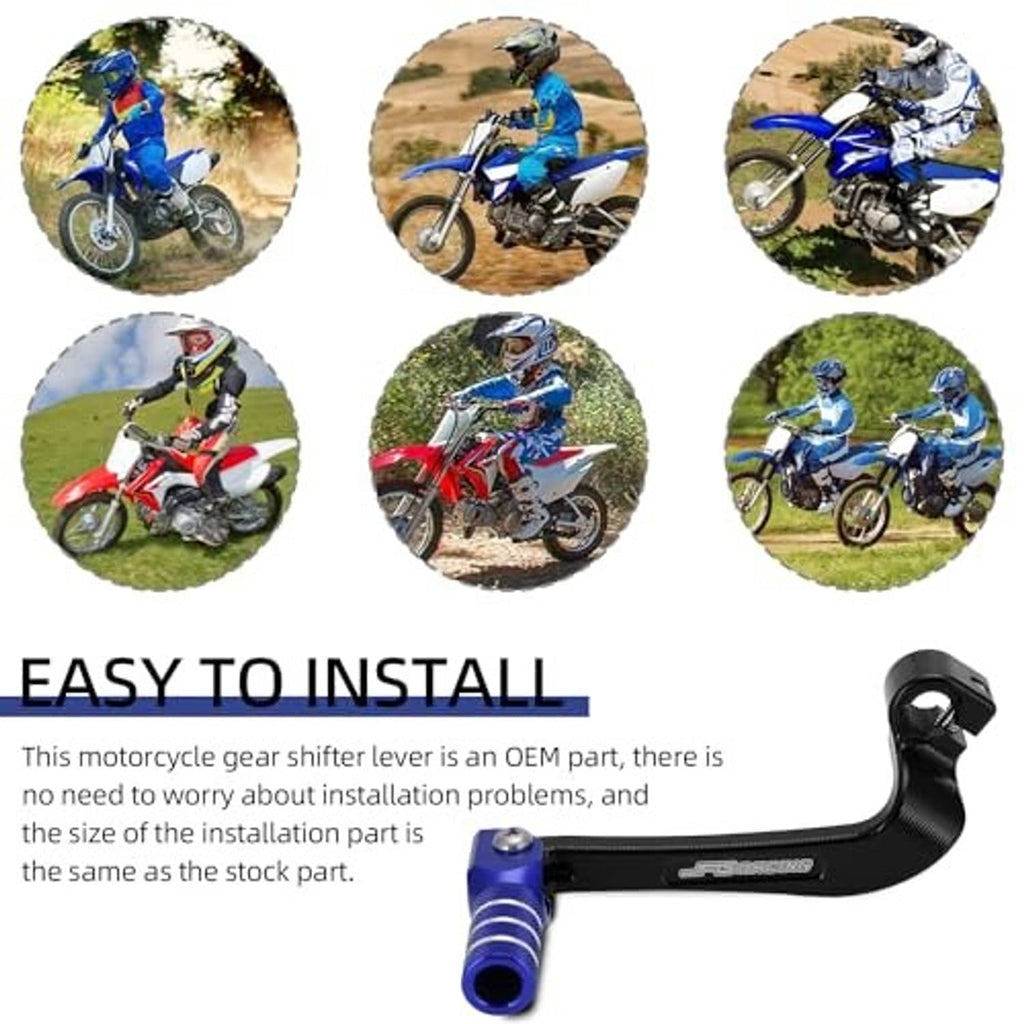 Motorcycle folding gear shifter lever with blue knurled tip and black curved shift arm
