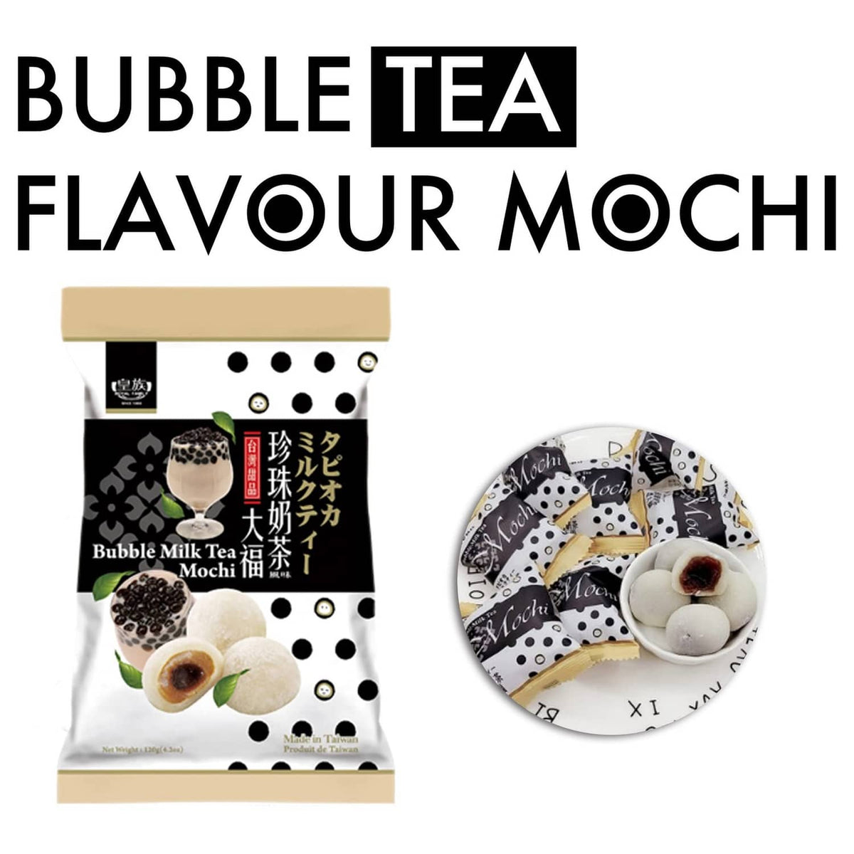 Bubble tea flavour mochi candy bag with white rice cakes and round serving label