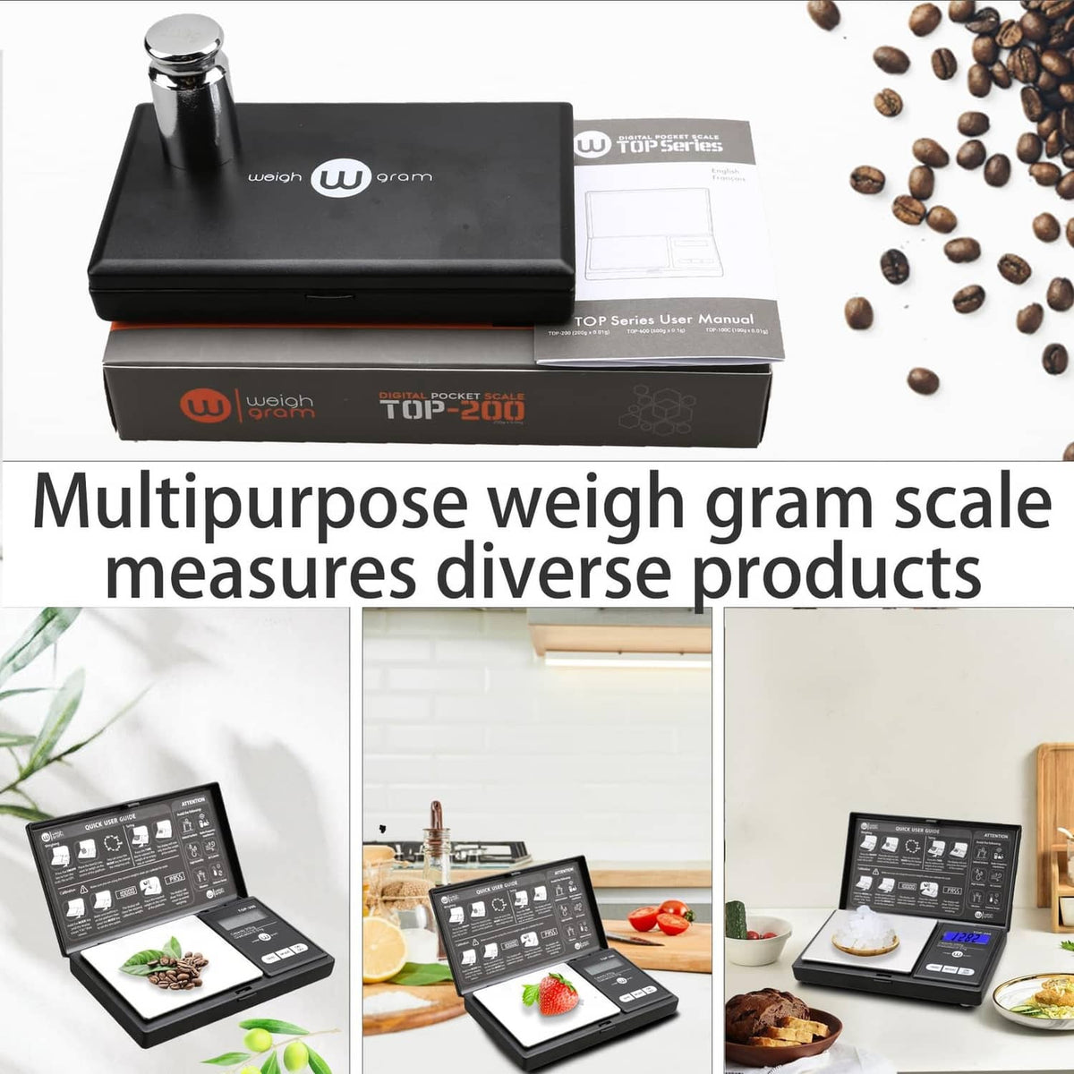 Black digital gram scale with metal weighing cup on countertop