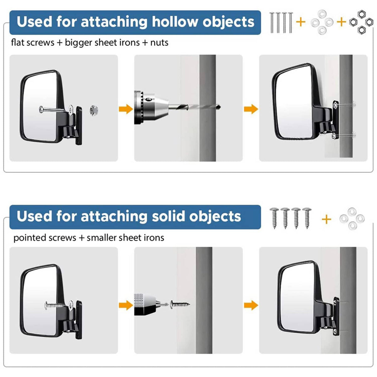 No-drill side mirror installation diagram with screws and nuts for mounting