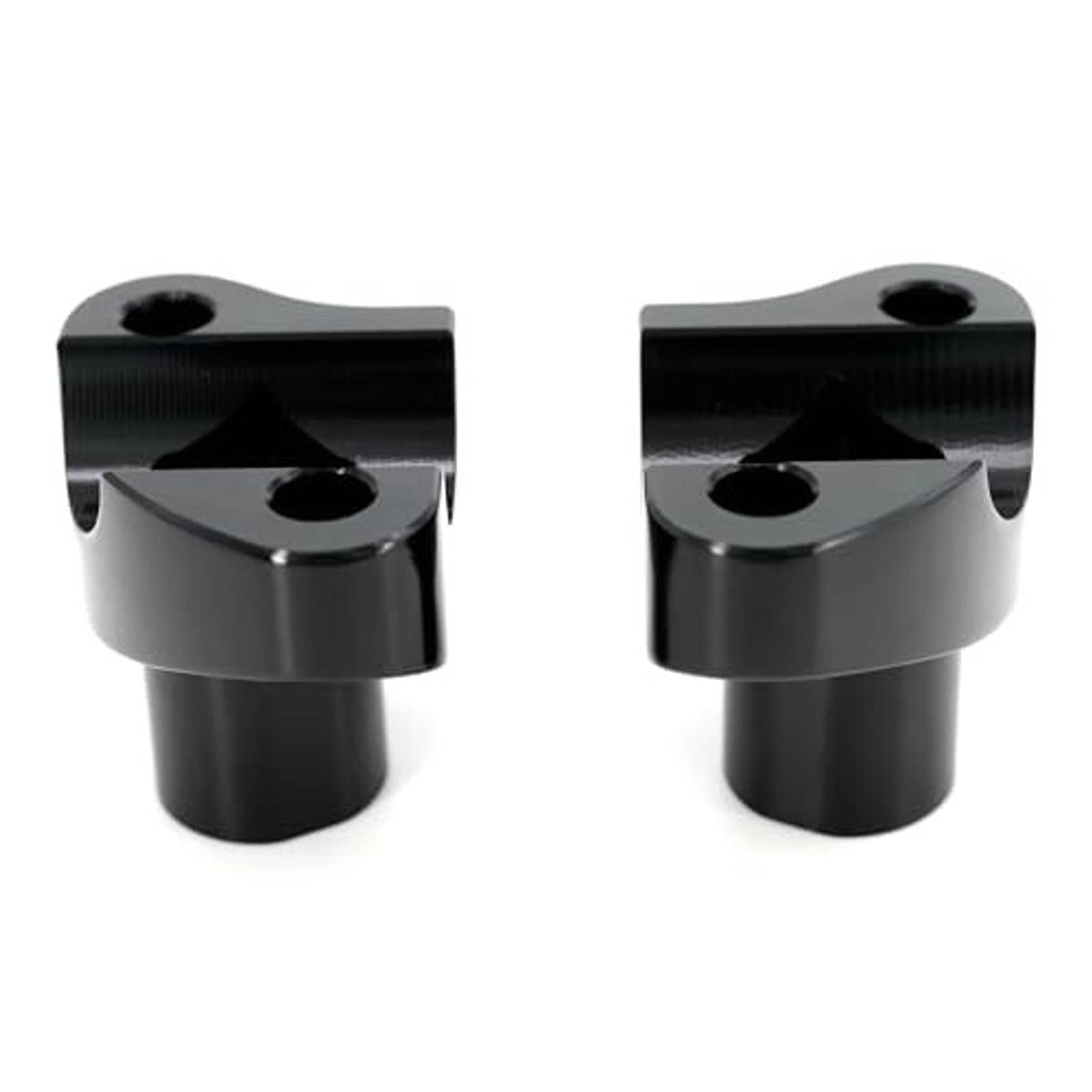 Pair of black handlebar risers with threaded top holes and curved mounting bases