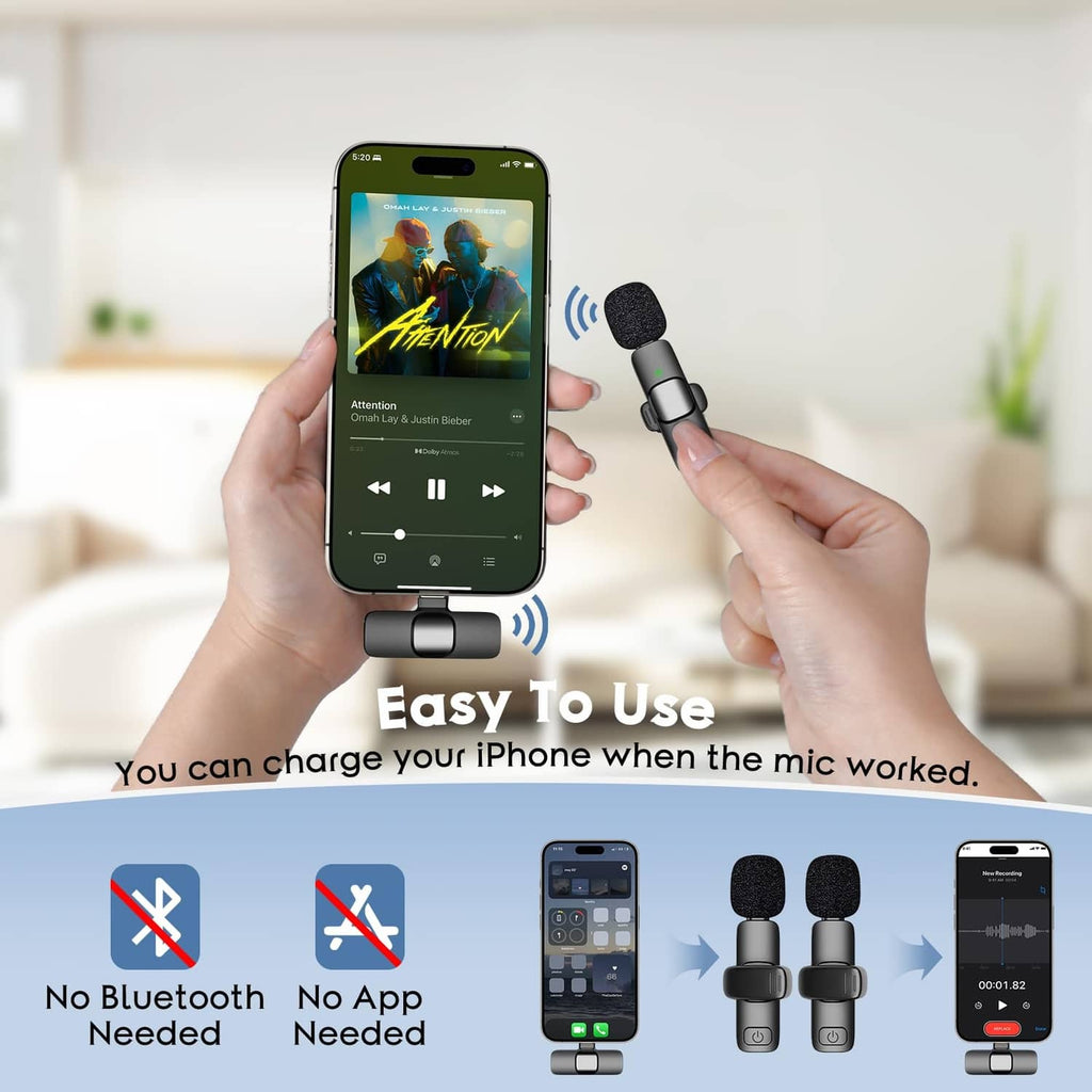 Smartphone with attached wireless lavalier receiver and black microphone for voice