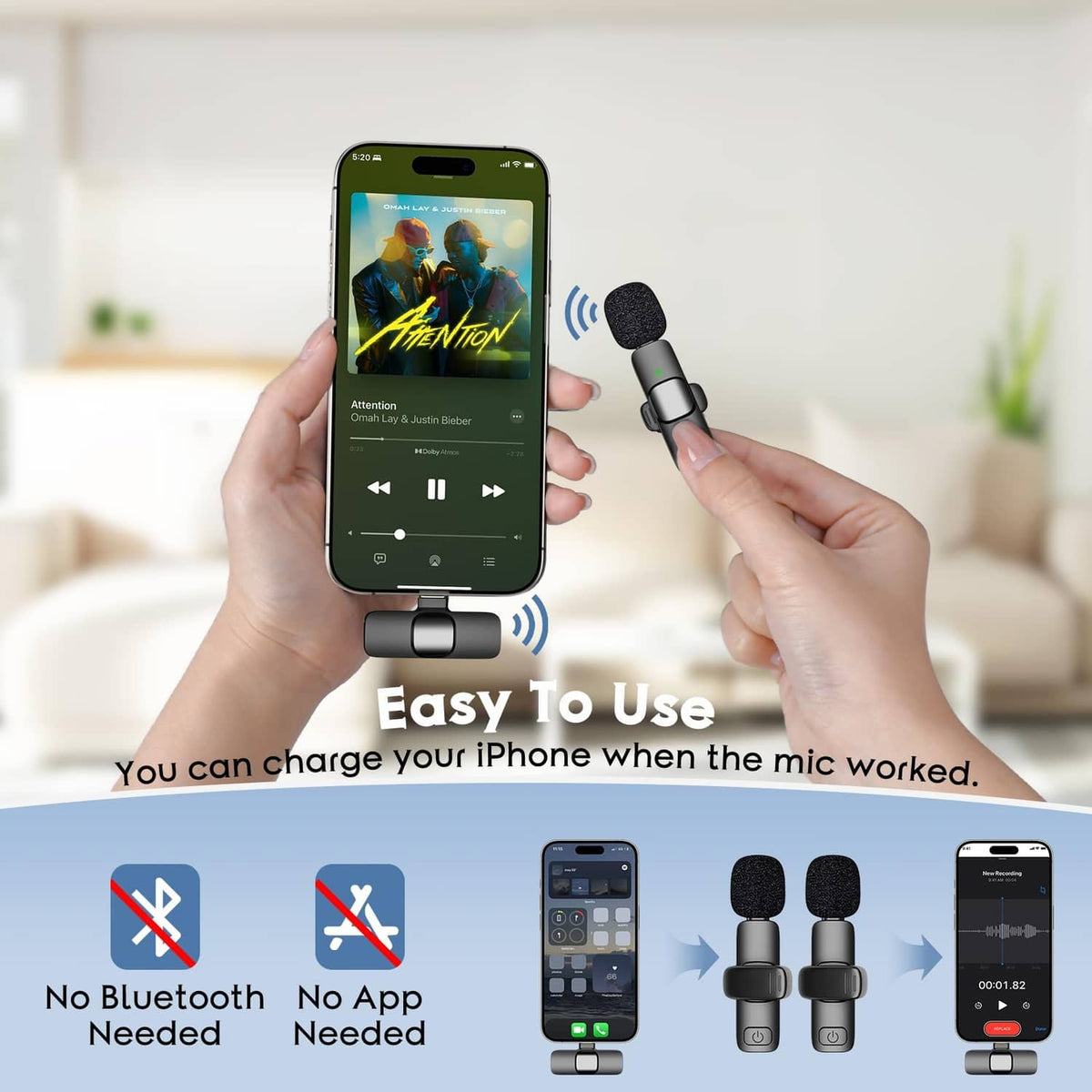 Smartphone with attached wireless lavalier receiver and black microphone for voice