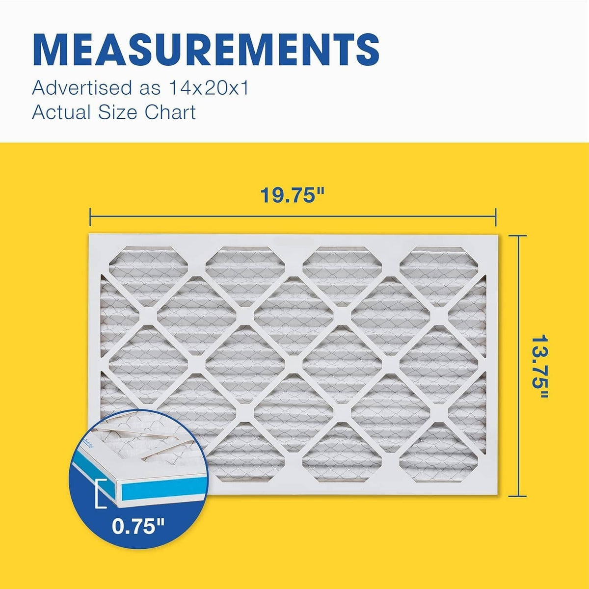 HVAC air filter size chart: 19.75x13.75x0.75 in, white pleated media