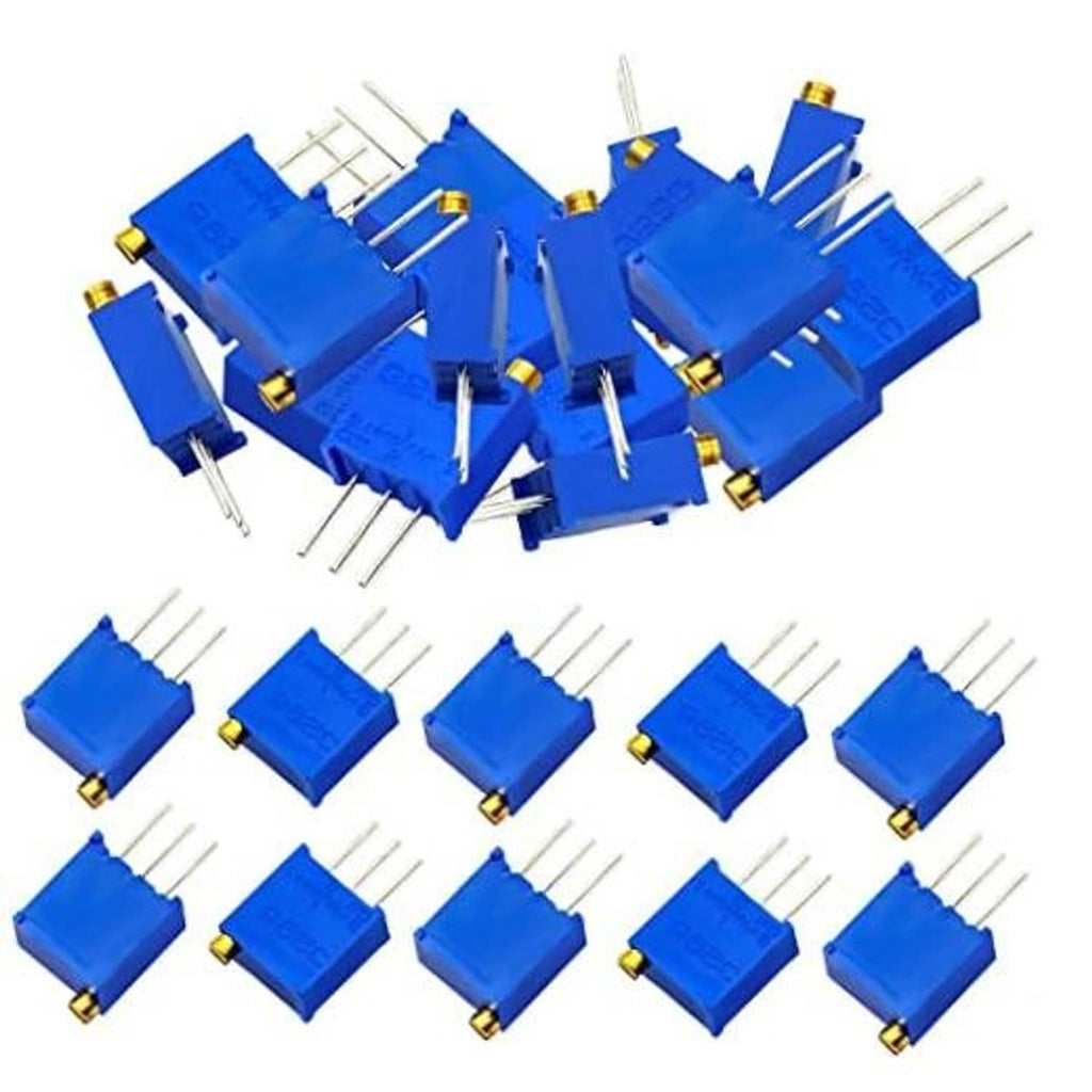 Blue multiturn trimmer potentiometers with gold adjustment caps and 3-pin leads