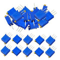 Blue multiturn trimmer potentiometers with gold adjustment caps and 3-pin leads