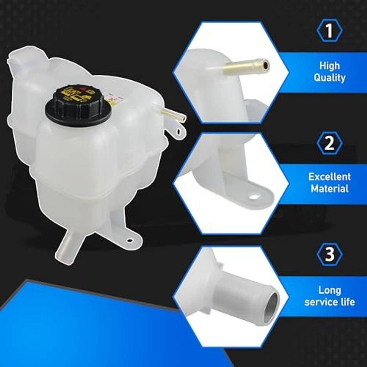 White coolant overflow reservoir tank with black cap and multiple mounting tabs