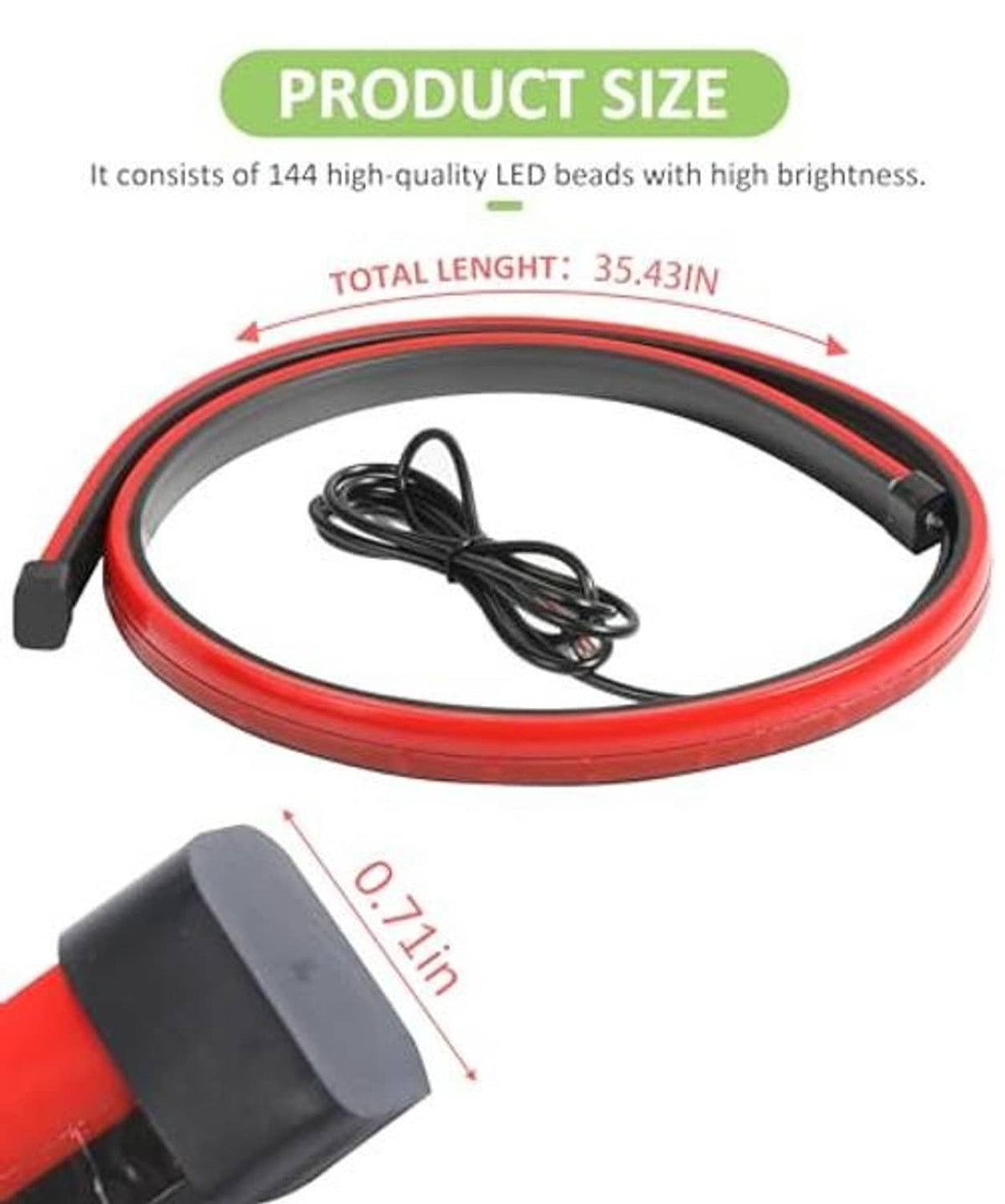 35.43 in flexible red LED brake light strip with black wire leads and end mounts